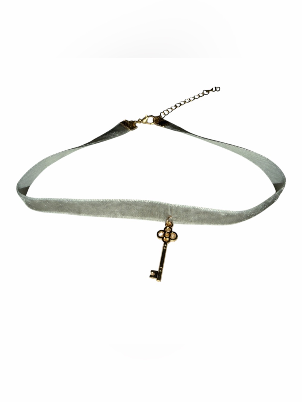 Gold Key Pendant Choker Necklace on Gray Velvet - Picture 2 of 3